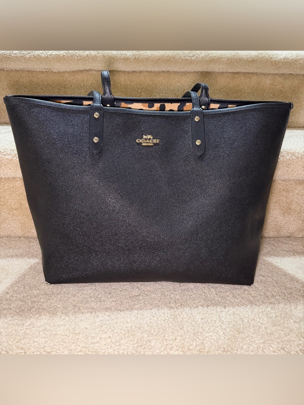 Coach City Reversible Tote Bag Purse Black Leopard Leather shoulder handbag